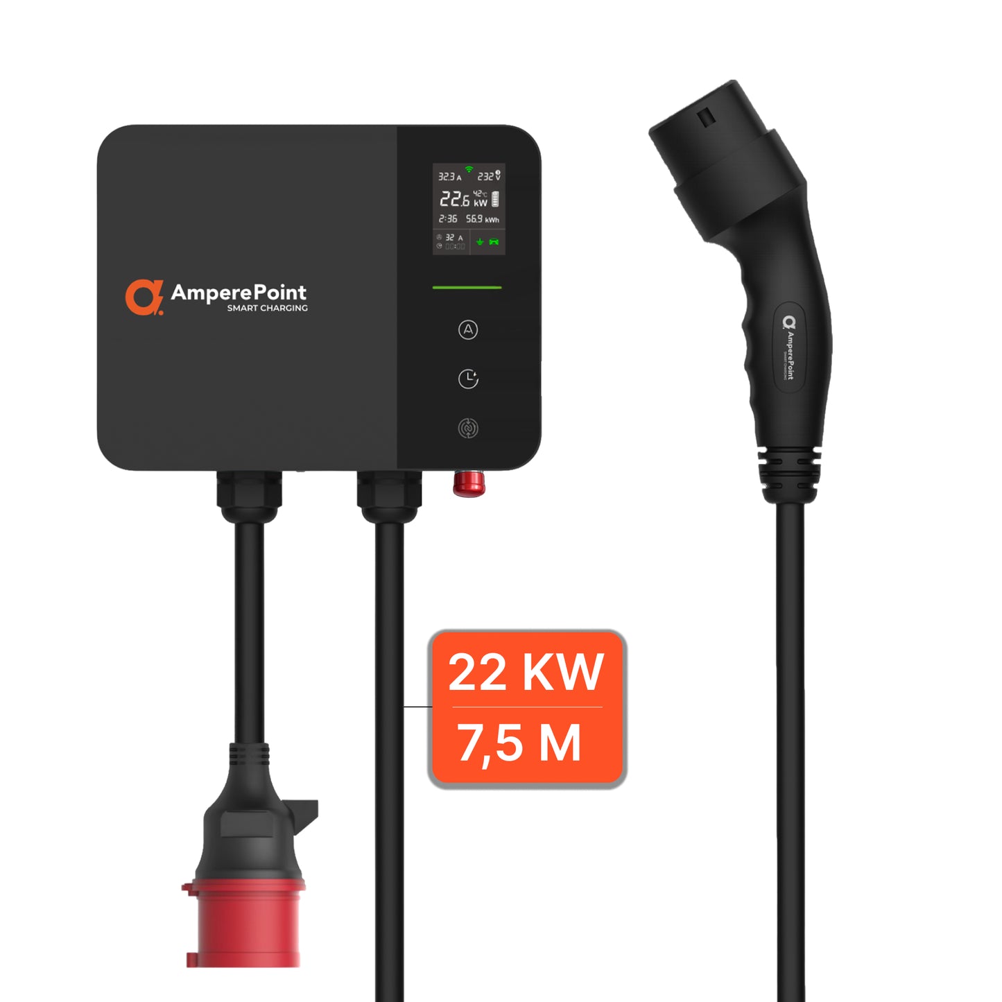PRIME 22 kW wallbox EV charger with plug and 7.5 m Type 2 cable, wall-mounted outdoor charging unit in black