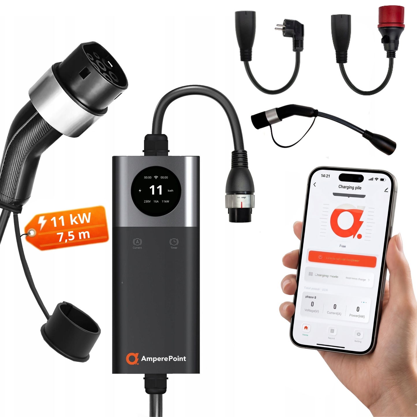 Chargeur portable Q11 PRO (16A, Type 2, 11kW) + 3x adaptateurs