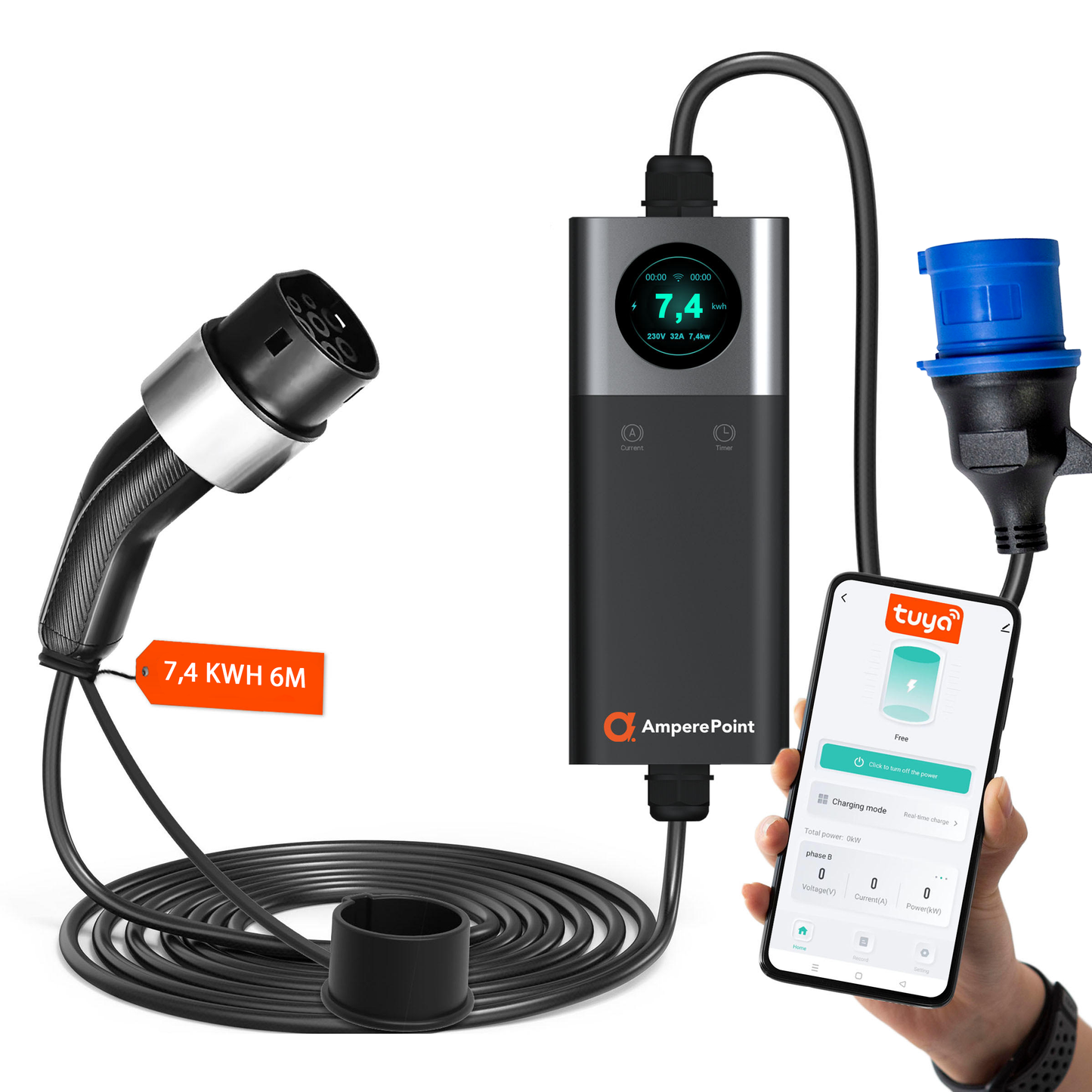 Chargeur portable Q74 (32A, Type 2, 7,4 kW) application mobile